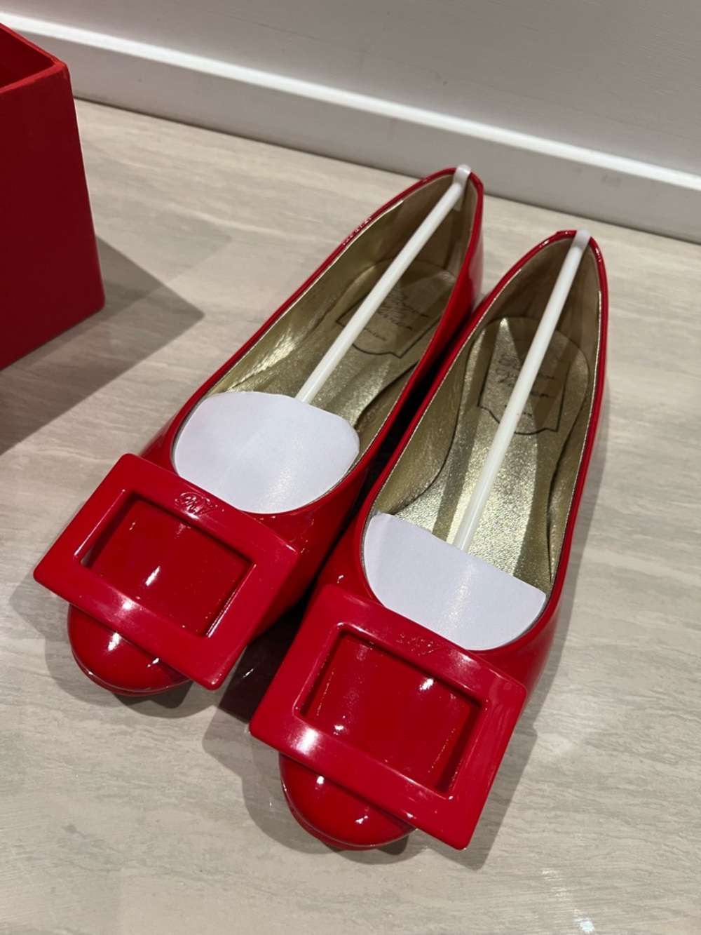 Roger Vivier Red Patent Square-Buckle Ballet Flats
